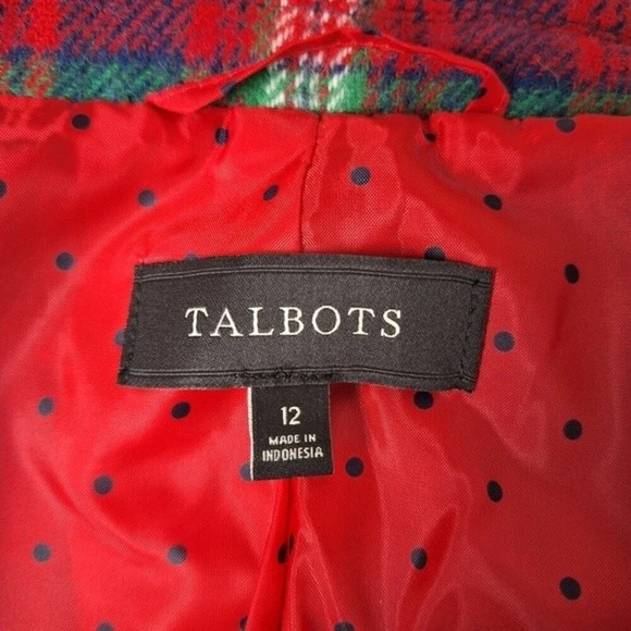 Talbots Womens Sz 12 Red Blue Green Wool Blend Tartan Plaid Crest Buttons Blazer - Picture 7 of 11